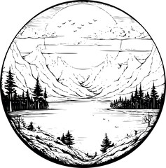 Poster - Sketch of a stunning landscape within a circular frame, gracefully capturing nature's beauty. Generative AI 