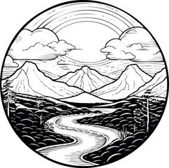 Poster - Circle sketch of captivating landscape, featuring exquisite details in a transparent depiction. Nature's beauty captured delicately within. Generative AI 