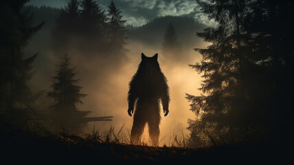 Wall Mural - werewolf silhouette fear horror in the forest ghoul ancient horror fairy tale beast wolf predator in the fog of the night forest