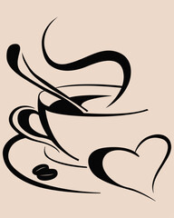 Fototapete - Drawn steaming coffee and a heart. Cup of coffee.