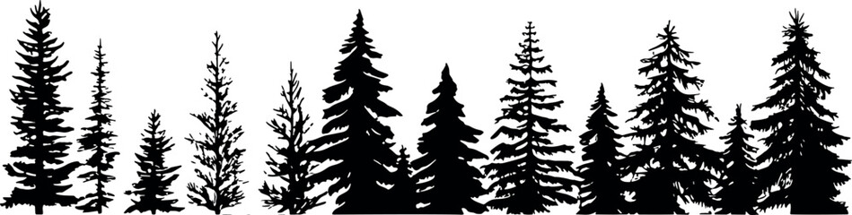 Poster - Set of coniferous spruce silhouettes forming a beautiful horizontal representation of majestic fir trees on a transparent background. Generative AI 
