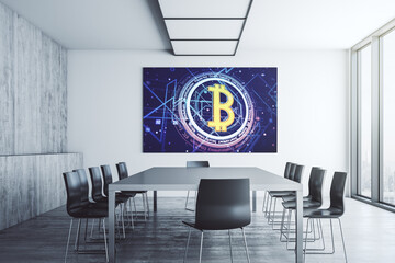Poster - Creative Bitcoin concept on presentation screen in a modern conference room. 3D Rendering