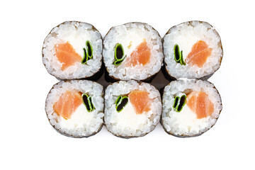 Maki smoked salmon, cream cheese, rice, green onion on a white background, studio shooting 1