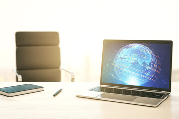 Aufkleber - Modern computer monitor with abstract programming language with world map, research and development concept. 3D Rendering