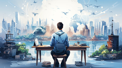 Fototapete - student at the table view from the back learning global drawing picture graphics