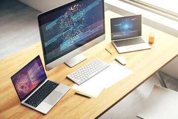 Poster - Modern computer monitor with creative code skull hologram. Malware and cyber crime concept. 3D Rendering