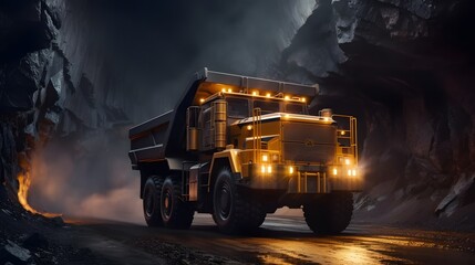 Large quarry dump truck in coal mine at night. Loading coal into body work truck. Mining equipment for the transportation of minerals.