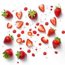 Cut Strawberries And Whole Strawberries On White Background Top View