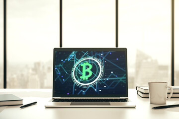 Poster - Creative Bitcoin concept on modern laptop screen. 3D Rendering