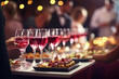 Waiters from catering service with wine glasses on the event. Buffet table celebration of wine tasting. Nightlife, celebration and entertainment concept. wide banner format