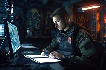 Soldier in uniform analyze data on a tablet and work out tactics at a temporary base. Programming control with artificial intelligence, online coordination of the military team