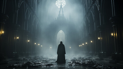 Dark person view from the back in the throne room horror, lord of evil gloomy game background.