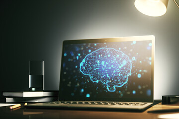 Poster - Modern computer display with creative human brain microcircuit. Future technology and AI concept. 3D Rendering