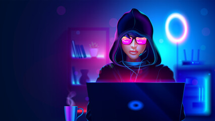 Poster - A teenage gamer in a hood is playing at a gaming laptop. A teenage girl or a boy in a hood is a hacker, a programmer writes code on a laptop in a dark room. A teenager is playing on a computer.