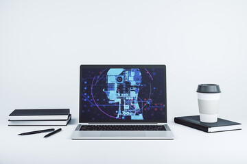 Poster - Modern computer monitor with creative artificial Intelligence symbol. Neural networks and machine learning concept. 3D Rendering