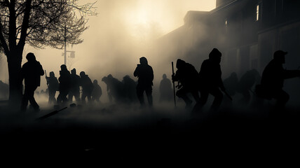 Wall Mural - silhouettes of the crowd in the smoke on the street revolution riot.