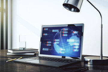 Poster - Abstract creative coding concept with world map on modern laptop screen. 3D Rendering