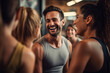 © arhendrix - Fitness, laughing and friends at the gym for training, pilates class and happy for exercise at a club. Smile, sport in a group for a workout, cardio or yoga on a studio wall,