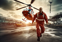 Helicopter Emergency Medical Service. Paramedic Running To Helicopter On Heliport. Themes Rescue, Help And Hope.