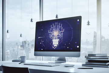 Poster - Modern computer monitor with creative light bulb hologram and chip on laptop background, idea and brainstorming concept. 3D Rendering