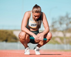 Poster - Fitness, relax and woman athlete on track for a relay race, marathon or competition at a stadium. Sports, workout and young female runner resting with a baton for an outdoor cardio training exercise.