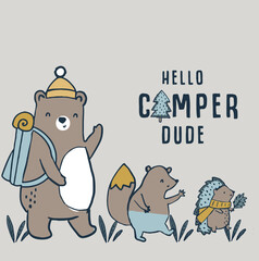 Wall Mural - Cute camper and fisher bear hedgehog tree bear family winter animals tee design for kids market as vector