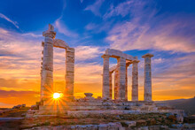 Sunset Sky And Ancient Ruins Of Temple Of Poseidon, Sounion, Greece