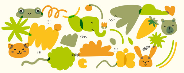 Aufkleber - A set of trendy childrens items with animals. and natural objects. Bright colors with an overlay. Drawing with marker or riso print. Vector contemporary illustration in green and orange colors