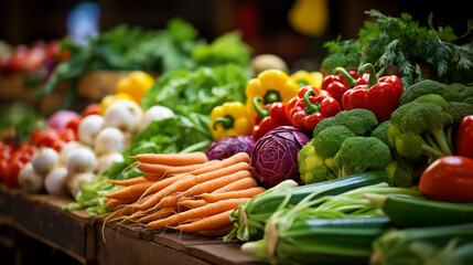 Wall Mural - Close-up Fresh vegetables displayed in traditional market. ai generative