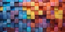 Abstract Geometric Rainbow Colors Colored 3d Wooden Square Cubes Texture Wall Background Banner Illustration Panorama Long, Textured Wood Wallpaper
