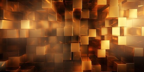 Poster - Abstract geometric metallic gold texture wall with squares and square cubes background banner illustration with glowing lights, textured metal