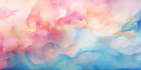 Sticker - Abstract watercolor paint background illustration - Soft pastel pink blue color and golden lines, with liquid fluid marbled paper texture banner texture