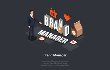 Brand Manager Concept. Trendwatching Social Media Network Marketing Team Work on Personal Brand, Creating Corporate Identity, Employers Working on Branding Design. Isometric 3D Vector Illustration