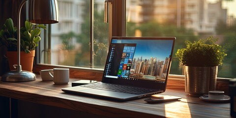 Aufkleber - Desktop computer on a desk next to a window.
