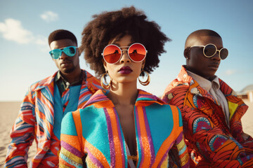 Afrofuturistic Beach Portraits: Stylish Young Trio in Colorful Attire