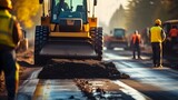 Fototapeta  - New Asphalt Road Construction. Road Workers and Construction Machinery on the Construction Site