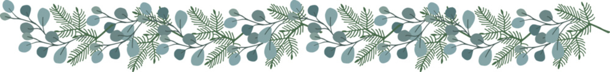 Wall Mural - Christmas festive evergreen garland made of  eucalyptus and fir tree branches. Hand drawn vector illustration background. Isolated elegant green floral frame, banner for greeting card, web.