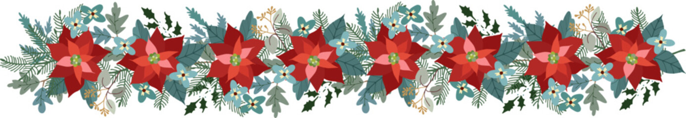 Wall Mural - Christmas garland made of poinsettia. Holly berries and flowers. Eucalyptus and oak tree branches. Hand drawn vector illustration background. Isolated floral frame, banner for greeting card, web.