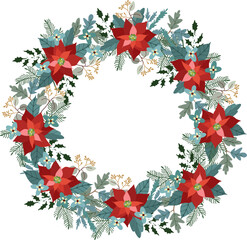 Wall Mural - Christmas floral frame, wreath made of poinsettia. Holly berries and flowers. Eucalyptus and oak tree branches. Hand drawn vector illustration background. Isolated natural element for greeting card.