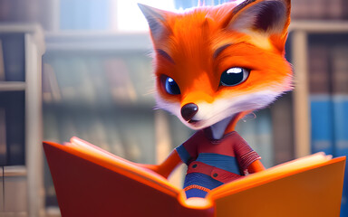 A little cute fox animated character blue eyes smiling reading book in the library, Generative AI