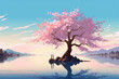 anime style background, view of cherry trees by the lake
