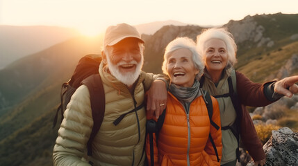 Wall Mural - Old hiking couple with grey hear enjoy the beautiful sunset in the mountain during a hiking tour and making a happy smiling self portrait selfie, generative ai 