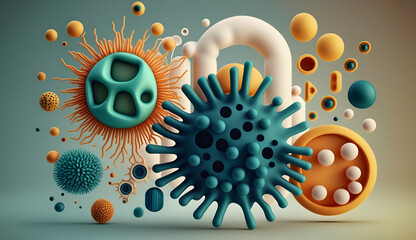 Abstract bacteria, probiotics, gram positive bacteria bacteria and viruses of various shapes against a light background. Concept of science, medicine. Microbiology background. 3d illus. Generative Ai.