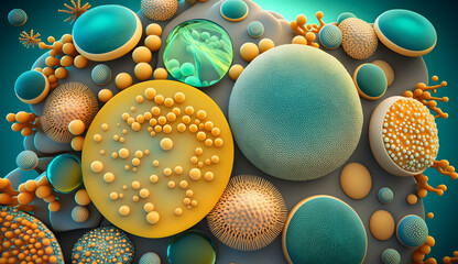 Abstract biology background, microscopic view of organic substance or cells. Candida fungi, Candida albicans, and other human pathogenic yeasts, 3D. Generative Ai.