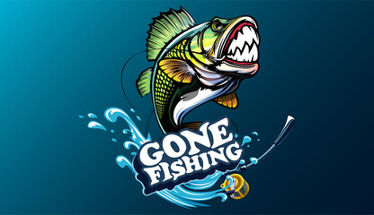 Wall Mural - Fishing bass logo. Bass fish with rod club emblem. Fishing theme illustration. Fish Isolated on white.