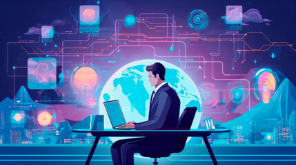 Poster - Businessman working with futuristic set up with laptop. Illustration banner