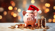 Festive Piggy Bank with Santa Hat and Gift Coins Celebration, generative Ai