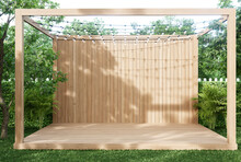 Empty Wooden Stage In The Garden, Decorated With Fairy Lights, Prepared For A Party, 3d Render