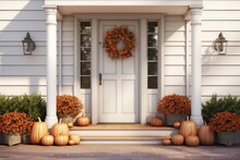 Cute And Cozy Cottage With Fall Decorations, Including Pumpkins And Wreath On The Front Porch