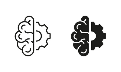 Poster - Technology Innovation Concept, Strategy Think Symbols. Half of Human Brain and Half of Gear Line and Silhouette Icon Set. Artificial Intelligence Pictogram. Isolated Vector Illustration